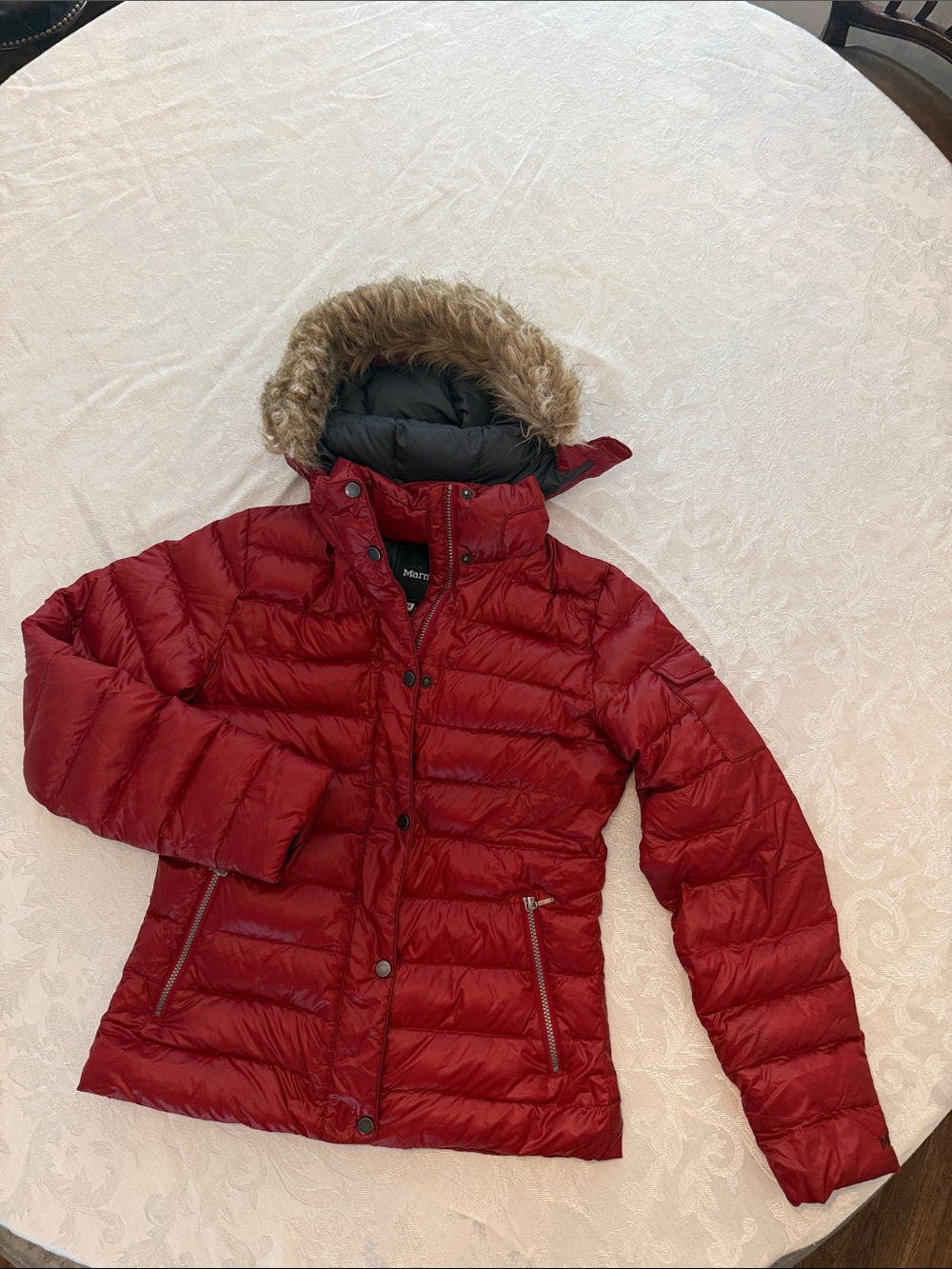 Marmot Women's Red Quilted Puffer Jacket with Faux Fur Trim Hood